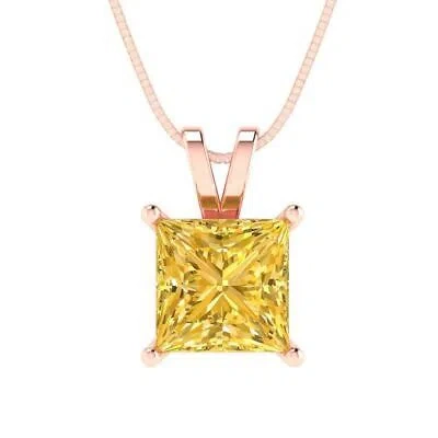 Pre-owned Pucci 2.0 Ct Princess Cut Real Citrine Pendant Necklace 18 Box Chain 14k Pink Gold
