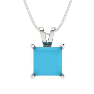 Pre-owned Pucci 2.0 Ct Princess Cut Turquoise Simulated Pendant 18" Chain Real 14k White Gold