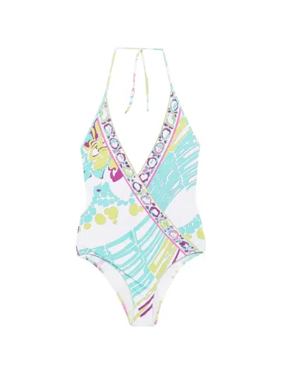 Pre-owned Pucci 2000s Abstract-print Halter-neck Swimsuit In 白色