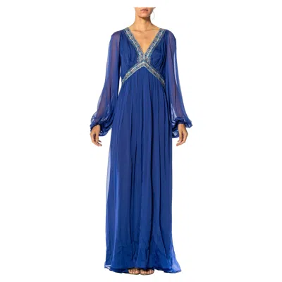Pre-owned Pucci 2000s Emilio  Cobalt Blue Silk Chiffon Sleeved Gown With Beaded Print Deta