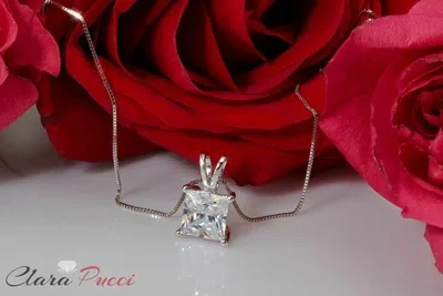 Pre-owned Pucci 2.0ct Princess Cut 14k White Gold Designer Solitaire Pendant 16" Chain