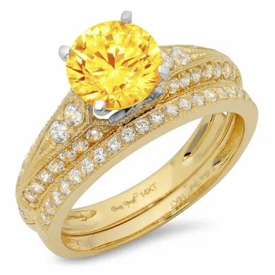 Pre-owned Pucci 2.10ct Round Cut Pave Real Citrine Wedding Statement Ring Set 14k 2 Tone Gold In Yellow
