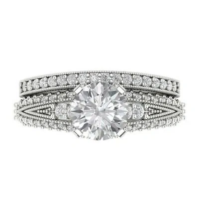 Pre-owned Pucci 2.10ct Round Cut Pave Real Moissanite Wedding Statement Ring Set 14k White Gold In White/colorless