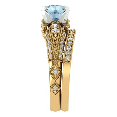 Pre-owned Pucci 2.10ct Round Pave Natural Aquamarine Wedding Statement Ring Set 14k 2 Tone Gold In D