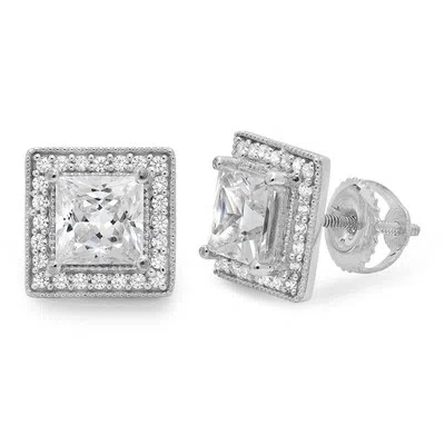 Pre-owned Pucci 2.1ct Princess Simulated Diamond Halo Stud Solitaire Earrings 14k White Gold