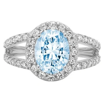 Pre-owned Pucci 2.24 Oval Halo Split Shank Simulated Blue Diamond Promise Ring 14k White Gold