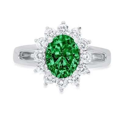 Pre-owned Pucci 2.3ct Oval Cut Halo Simulated Emerald Promise Bridal Wedding Ring 14k White Gold In Green