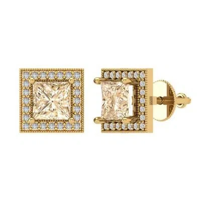 Pre-owned Pucci 2.3 Ct Princess Round Cut Halo Stud Natural Morganite Earrings 14k Yellow Gold