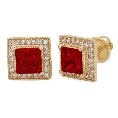 Pre-owned Pucci 2.3 Ct Princess Round Cut Halo Stud Natural Red Garnet Earrings 14k Yellow Gold