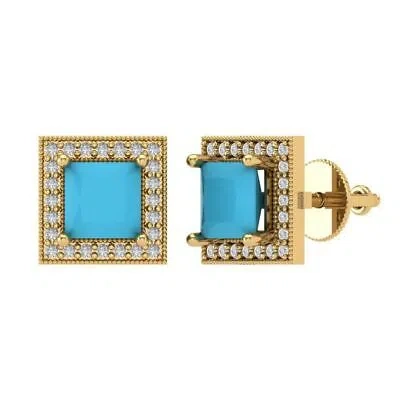 Pre-owned Pucci 2.3 Ct Princess Round Cut Halo Stud Simulated Turquoise Earrings 14k Yellow Gold