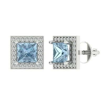 Pre-owned Pucci 2.3 Ct Princess Round Halo Classic Stud Sky Blue Topaz Earrings 14k White Gold