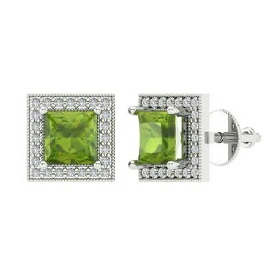 Pre-owned Pucci 2.3 Princess Round Cut Halo Classic Stud Real Peridot Earrings 14k White Gold