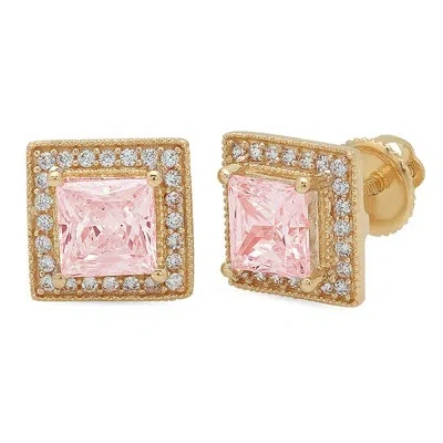 Pre-owned Pucci 2.3 Princess Round Cut Halo Pink Simulated Diamond Stud Earrings 14k Yellow Gold