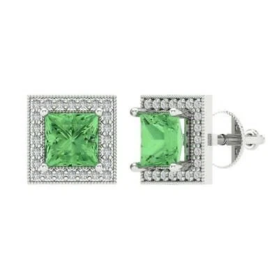 Pre-owned Pucci 2.3 Princess Round Cz Halo Classic Stud Mint Green Earrings Real 14k White Gold