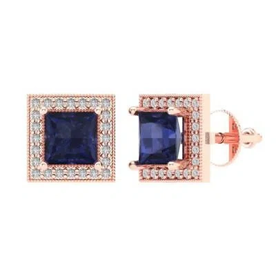 Pre-owned Pucci 2.3 Princess Round Halo Stud Simulated Blue Sapphire Earrings 14k Rose Pink Gold
