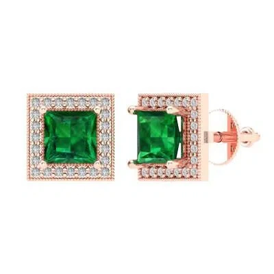 Pre-owned Pucci 2.3 Princess Round Halo Stud Simulated Emerald Earrings Solid 14k Rose Pink Gold