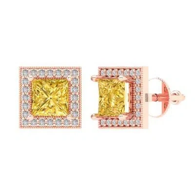 Pre-owned Pucci 2.30 Princess Round Cut Halo Classic Stud Real Citrine Earrings 14k Pink Gold