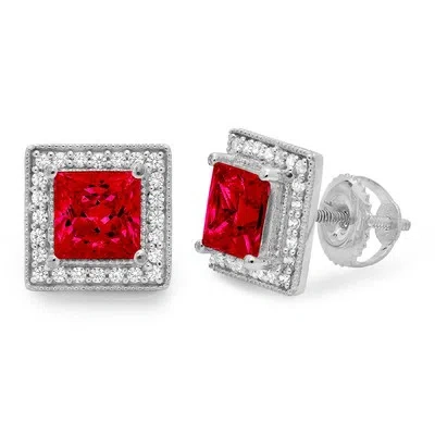 Pre-owned Pucci 2.30 Princess Round Cut Halo Red Simulated Ruby Stud Earrings 14k White Gold