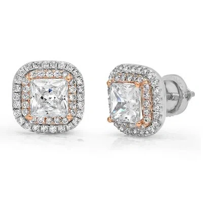 Pre-owned Pucci 2.32ct Princess Simulated Diamond Halo Stud Solitaire Earrings 14k 2 Tone Gold