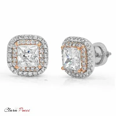 Pre-owned Pucci 2.32ct Princess Cut Vvs1 Solitaire Double Halo Stud Earrings 14k White Rose Gold