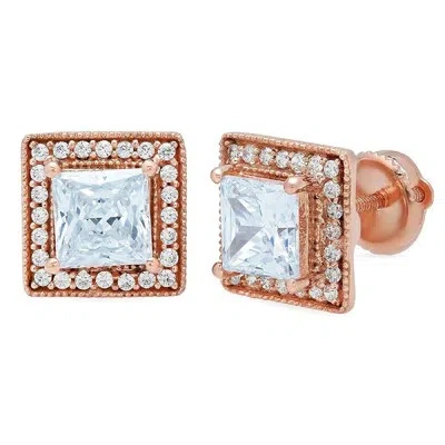 Pre-owned Pucci 2.3ct Princess Round Cut Halo Natural Sky Blue Topaz Stud Earrings 14k Rose Gold In D