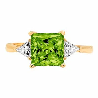 Pre-owned Pucci 2.4 Pr Trillion 3 Stone Natural Peridot Modern Statement Ring 14k Yellow Gold In Green