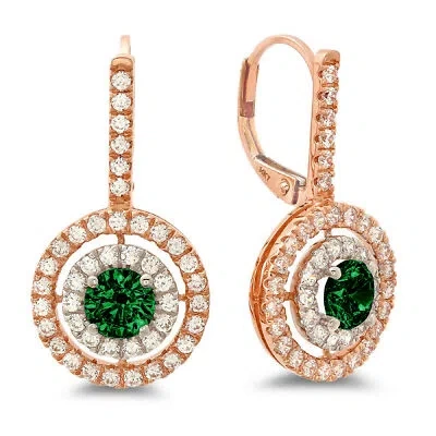 Pre-owned Pucci 2.4 Round Cut Halo Green Simulated Emerald Drop Dangle Earrings 14k 2 Tone Gold