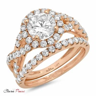 Pre-owned Pucci 2.40 Carat Round Cut Halo Engagement Ring Band Set Real 14k Rose Gold Bridal In White/colorless