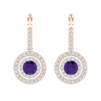 Pre-owned Pucci 2.40 Round Cut Halo Classic Drop Dangle Real Amethyst Earrings 14k 2 Tone Gold