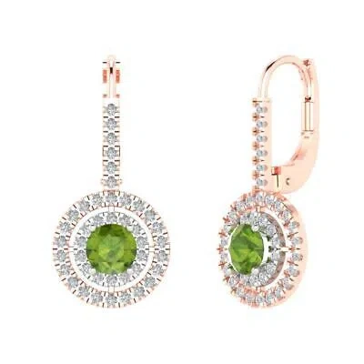 Pre-owned Pucci 2.40 Round Cut Halo Classic Drop Dangle Real Peridot Earrings 14k 2 Tone Gold In Green