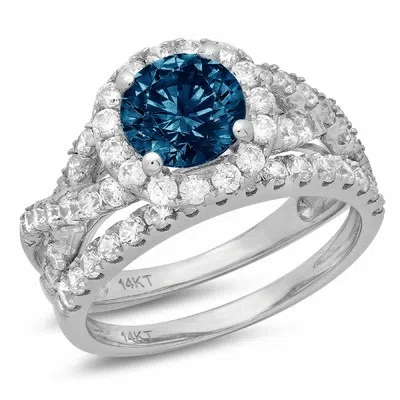 Pre-owned Pucci 2.40ct Round Cut Halo Royal Blue Topaz Wedding Statement Ring Set 14k White Gold In D
