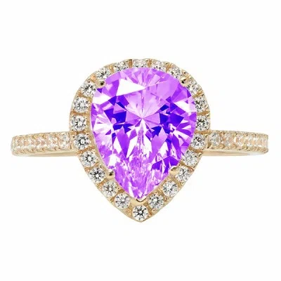 Pre-owned Pucci 2.45ct Pear Cut Halo Real Amethyst Classic Bridal Statement Ring 14k Yellow Gold In D