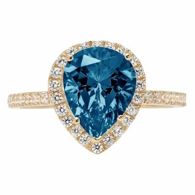 Pre-owned Pucci 2.4ct Pear Cut Halo Royal Blue Topaz Promise Bridal Wedding Ring 14k Yellow Gold In D