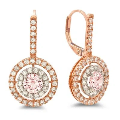 Pre-owned Pucci 2.4ct Round Cut Halo Pink Simulated Diamond Drop Dangle Earrings 14k 2 Tone Gold