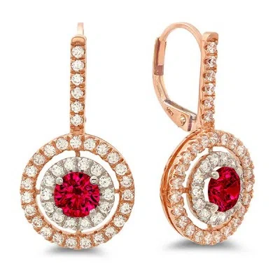 Pre-owned Pucci 2.4ct Round Cut Halo Red Simulated Ruby Drop Dangle Earrings 14k 2 Tone Gold