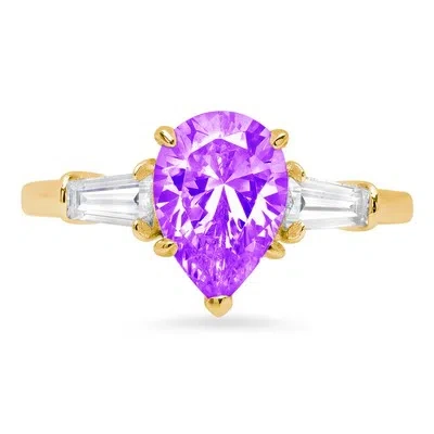 Pre-owned Pucci 2.5 Pear Baguette 3 Stone Natural Amethyst Promise Wedding Ring 14k Yellow Gold In Purple