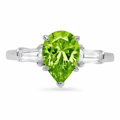 Pre-owned Pucci 2.5 Pear Baguette 3 Stone Natural Peridot Modern Designer Ring 14k White Gold In Green