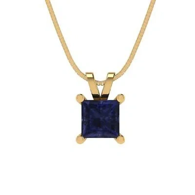 Pre-owned Pucci 2.5 Princess Simulated Blue Sapphire Pendant Necklace 18" Chain 14k Yellow Gold