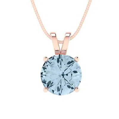 Pre-owned Pucci 2.5 Round Cut Natural Aquamarine Pendant Necklace 18" Chain 14k Rose Pink Gold