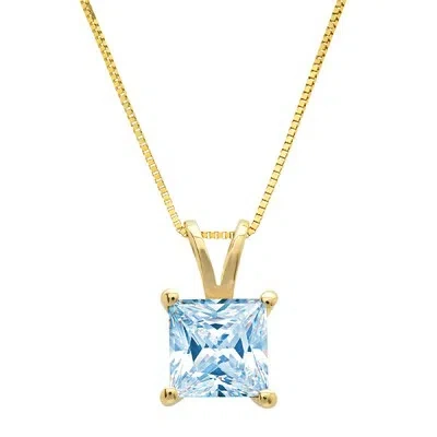 Pre-owned Pucci 2.50ct Princess Cut Blue Simulated Pendant 18" Chain Box 14k Solid Yellow Gold In D