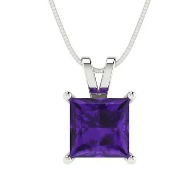 Pre-owned Pucci 2.50ct Princess Cut Vvs1 Real Amethyst Pendant Necklace 16" Chain 14k White Gold