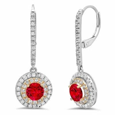 Pre-owned Pucci 2.52 Round Brilliant Cut Halo Tourmaline Cz Drop Dangle Earrings 14k 2 Tone Gold In Red