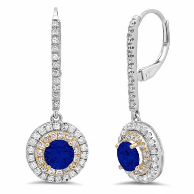 Pre-owned Pucci 2.52 Round Cut Halo Simulated Blue Sapphire Drop Dangle Earrings 14k 2 Tone Gold