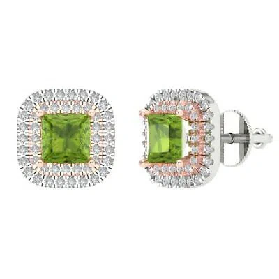 Pre-owned Pucci 2.52ct Princess Round Halo Classic Stud Real Peridot Earrings 14k 2 Tone Gold In Green
