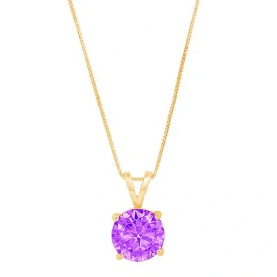 Pre-owned Pucci 2.5ct Round Real Amethyst Solitaire Pendant Necklace 16" Chain 14k Yellow Gold In Purple