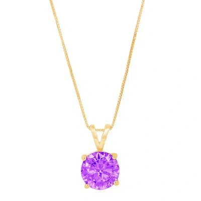 Pre-owned Pucci 2.5ct Round Real Amethyst Solitaire Pendant Necklace 18" Chain 14k Yellow Gold In Purple