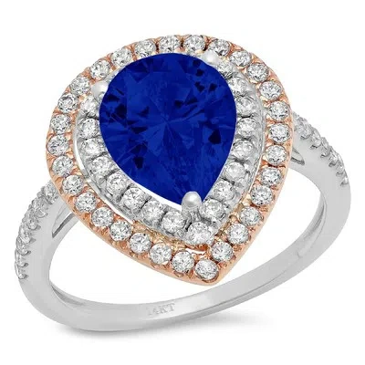 Pre-owned Pucci 2.66 Pear Double Halo Simulated Blue Sapphire Promise Ring 14k 2 Tone Gold