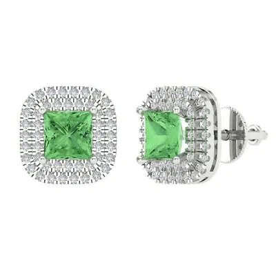 Pre-owned Pucci 2.99 Ct Princess Round Cut Cz Halo Classic Stud Green Earrings 14kwhite Gold