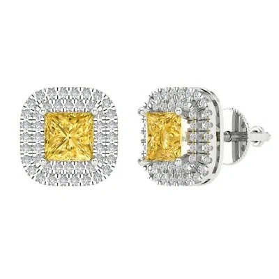 Pre-owned Pucci 2.99ct Princess Round Cut Halo Classic Stud Real Citrine Earrings 14kwhite Gold In Yellow