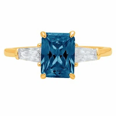 Pre-owned Pucci 2ct Emerald 3stone London Blue Topaz Promise Bridal Wedding Ring 14k Yellow Gold In D